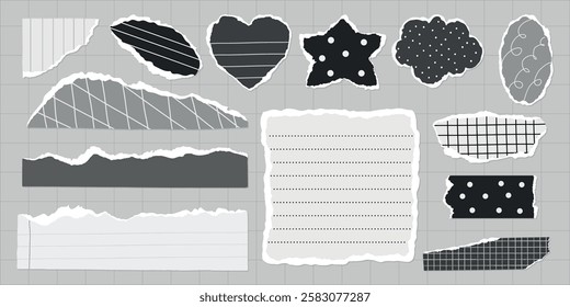 A collection of torn paper shapes, including hearts, stars, and clouds. Torn paper with lined, dotted, and grid patterns. Creative torn paper design elements. Gray element vector set.