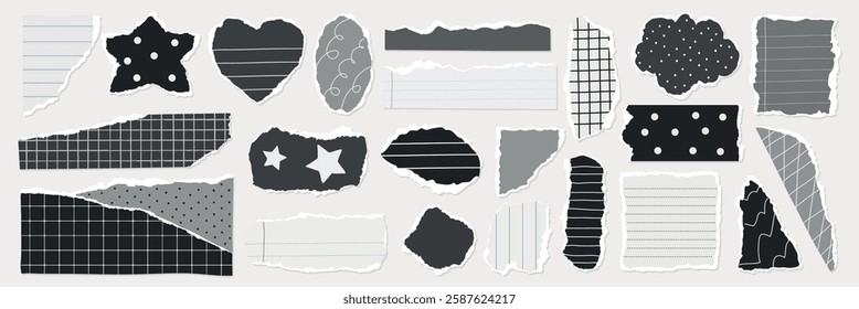 Collection of torn paper shapes, including stars, hearts, and clouds. Black, white, and gray torn paper. Various torn paper patterns and textures. Gray element vector set.