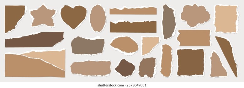 A collection of torn paper shapes in various shades of brown. Torn paper in different shapes and brown tones. Brown paper pieces with torn edges. Brown element vector set.