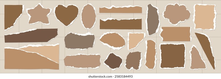 A collection of torn paper shapes in various shades of brown. The torn paper pieces vary in size and shape, creating a textured and layered effect. Brown element vector set.