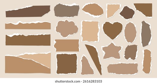 Collection of torn paper shapes in various shades of brown. Torn paper edges, brown tones, and diverse shapes like hearts and stars. Torn paper texture. Brown element vector set.