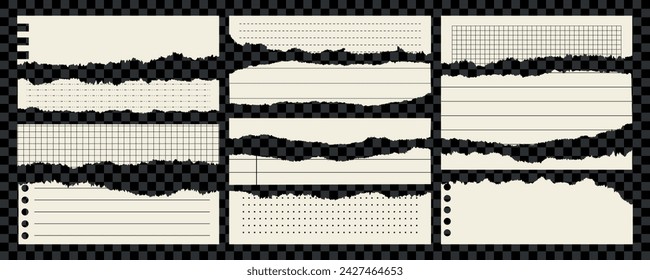 Collection of torn paper strips. Notebook sheets with uneven edges. Scraps of a notebook page, aged style. Vector design template in rough shapes.