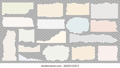 Collection of torn paper strips and ripped sheets with rough edges. Vector illustration of torn paper elements for banners, posters, and digital projects.