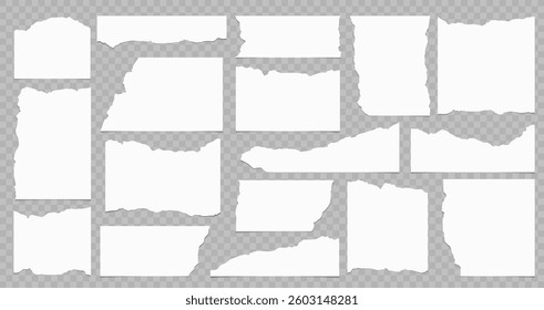 Collection of torn paper strips and ripped sheets with rough edges. Vector illustration of torn paper elements for banners, posters, and digital projects.