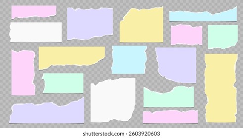 Collection of torn paper strips and ripped sheets with rough edges. Vector illustration of torn paper elements for banners, posters, and digital projects.