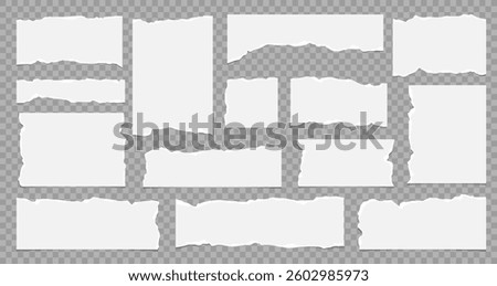 Collection of torn paper strips and ripped sheets with rough edges. Vector illustration of torn paper elements for banners, posters, and digital projects.