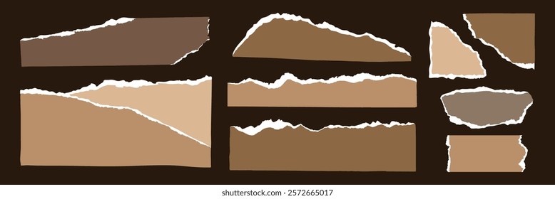Collection of torn paper strips with rough edges. Torn paper in various shapes and sizes. Brown and beige torn paper textures on a dark background. Brown element vector set.