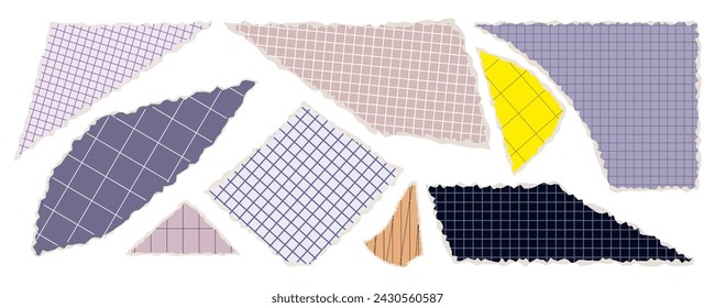 Colección de trozos de papel rasgados para collage. Recorte las páginas en blanco con los bordes rasgados. Lista de cartón multicolor, libro de recortes, parte de una hoja de color. Un juego de papel para notas, etiquetas. Vector.