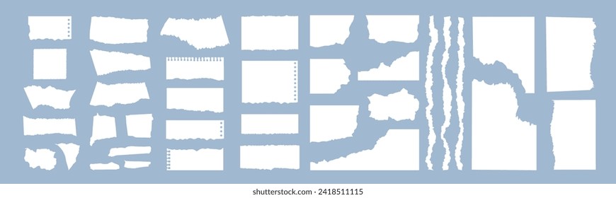 Collection of torn, ripped pieces of white paper. Ripped paper strips with jagged edges for collage, text and messages