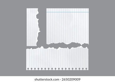 Collection of torn ruled notebook pages with spiral edge. Ideal for education designs, notes, or textured backgrounds.