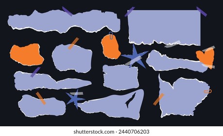 Collection of torn sheets of paper. Collage in trendy design and vibrant colors. Elements and figures. Modern scrapbook and notepad. Scotch tape. Heart and stars. Sketches. Hand drawn. Textbox
