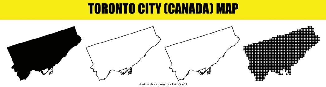 Collection of Toronto city maps in Canada featuring solid silhouette white outline dot pattern and fill options all on transparent backgrounds