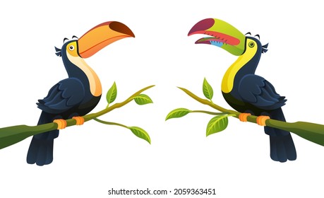 Collection of toucan birds perched on branch cartoon illustration