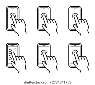 Collection of touchscreen gesture line icons showing finger interacting with mobile screen including password or pattern input
