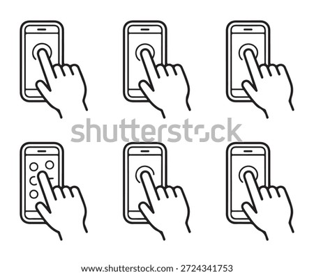 Collection of touchscreen gesture line icons showing finger interacting with mobile screen including password or pattern input