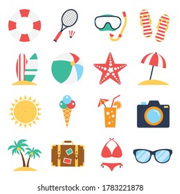 Collection of tourism symbol and summer vacation. Holiday beach travel Icon set. isolated on white background. vector illustration in flat style modern design.