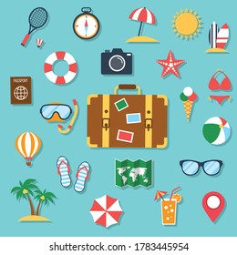 Collection of tourism symbol and summer vacation. Holiday beach travel icon set and journey objects. isolated on blue background. vector illustration in flat style modern design.