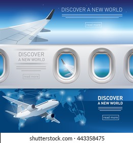 Collection of tourism themed banners with airplane, wing and porthole illustrations