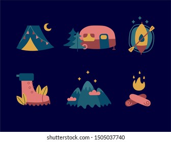 Collection of tourist tents, Hiking and camping equipment vector illustration. Campfire, rafting, mountain icons, caravan, children's illustrations of camping, trailer