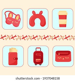 Sammlung von Touristenartikel.  Symbole für das Web. Schlafmaske, Reisekissen, Kaffeetasse, Geldbeutel, Koffer und Tasche.