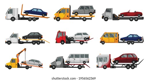 Collection of tow trucks. Flat faulty car loaded on a tow truck. Vehicle repair service which provides assistance damaged or salvaged cars