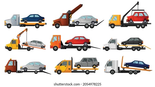 Collection of tow trucks. Flat faulty car loaded on a tow truck. Vehicle repair service which provides assistance damaged or salvaged cars