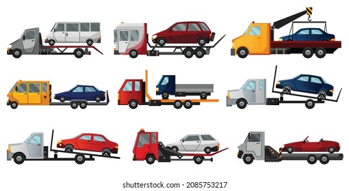 Collection of tow trucks. Flat faulty car loaded on a tow truck. Vehicle repair service which provides assistance damaged or salvaged cars