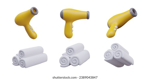 Collection with towel rolls and yellow hair dryer in different positions. Concept of hair washing at home. Vector illustration in 3d style and yellow elements