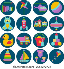 Collection of toy icons - vector color illustration. Toys for the child. A set of stickers with illustrations of various toys.