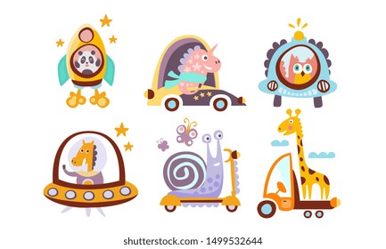 Collection of Toy Transport with Cute Animals, Funny Panda, Unicorn, Owl, Giraffe, Horse, Snail Driving Various Types of Transport Vector Illustration