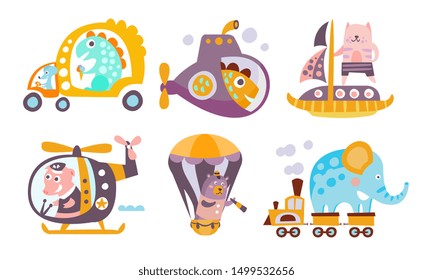 Collection of Toy Transport with Cute Animals, Funny Dinosaur, Fish, Cat, Pig, Bear, Elephant Driving Various Types of Transport Vector Illustration