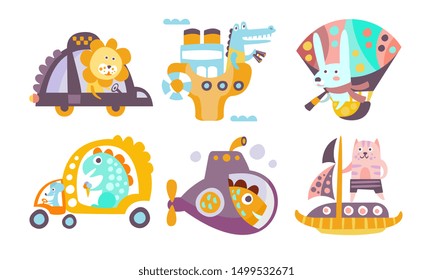 Collection of Toy Transport with Cute Animals, Funny Dinosaur, Crocodile, Bunny, Lion, Cat Driving Various Types of Transport Vector Illustration