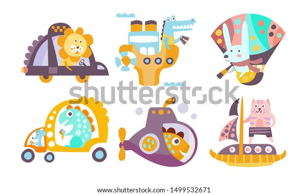 Collection of Toy Transport with Cute\
Animals, Funny Dinosaur, Crocodile, Bunny, Lion, Cat Driving\
Various Types of Transport Vector\
Illustration