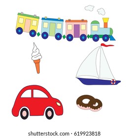 Collection of toys for the boy and sweet. A vector picture on a white background. Design elements for a children's print.