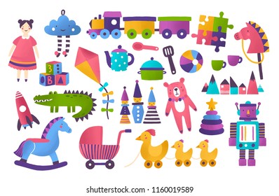 Collection of toys for child development and entertainment isolated on white background. Bundle of tools for kid's amusement and play. Bright colored vector illustration in flat cartoon style.