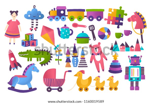 Collection of toys for child development and\
entertainment isolated on white background. Bundle of tools for\
kid\'s amusement and play. Bright colored vector illustration in\
flat cartoon style.