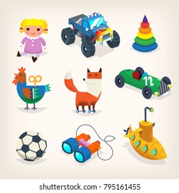 Collection of toys for children games and holiday presents for kids. Isolated vector icons