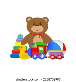  collection of toys children with teddy bear, ball, set vector illustration isolated on white background