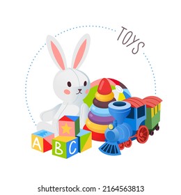 Collection of toys. Circle label for a toys and games goods at supermarket department or online store. Isolated vector image.