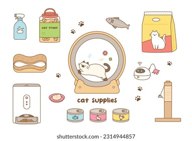 A collection of toys and household items for cats. cute outline style illustration.