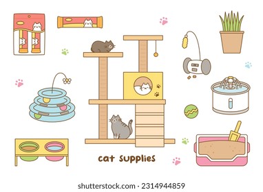 A collection of toys and household items for cats. cute outline style illustration.