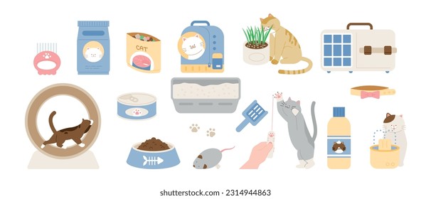 A collection of toys and household items for cats.