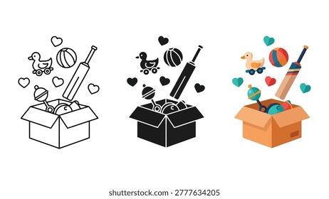 A collection of toys including a rubber duck, ball, rattle, and cricket bat emerging from an open cardboard box, presented in line art, silhouette, and flat color styles.