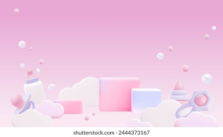 Collection of toys on horizontal vector poster with cubes, pacifier and rattle in pink color. Suitable for decorative invitations or greeting cards for girls with space for text. Baby shower.