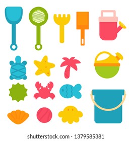 A collection of toys for the sandbox. Colorful children's toys isolated on white background. Simple vector illustration in flat style