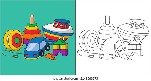 Collection of toys suitable for children's coloring page vector illustration