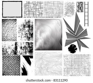 Collection of traced grungy vector textures, manually drawn creative patterns and other design elements.
