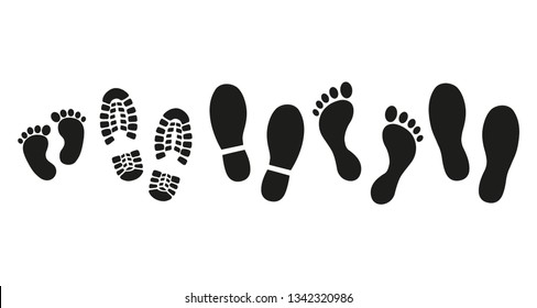 Collection of traces of human shoes, bare feet, children's footprints and sole on a white background. Vector illustration.