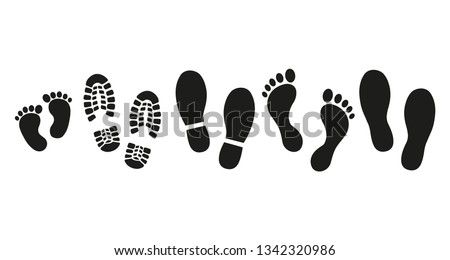 Collection of traces of human shoes, bare feet, children's footprints and sole on a white background. Vector illustration.