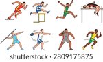 Collection of track and field athlete illustrations performing sprinting, hurdling, long jump, high jump, javelin throw, discus throw, shot put, and relay racing. Ideal for sports education, athletics competitions, fitness publications, coaching materials, and Olympic-themed designs.